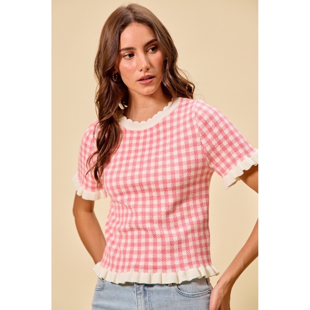 SO ME Gingham Knit Ruffled Short Sleeves Sweater Top - Pink - XL - Picture 5 of 12